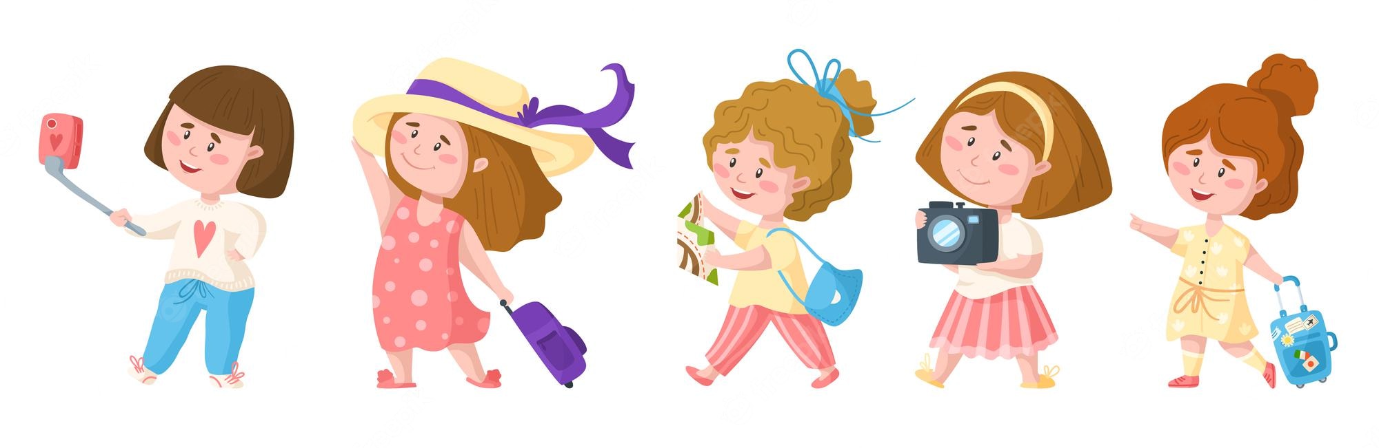 Vacation Clipart Premium Vector | Traveling cartoon cute pretty girls, kids travel ... 